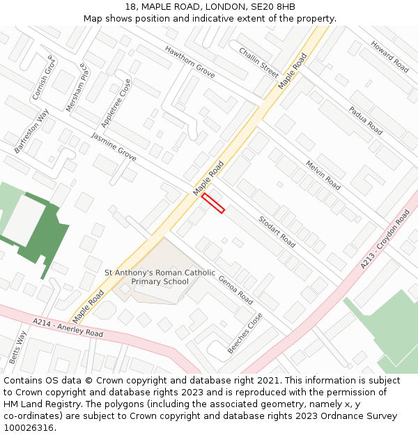 18, MAPLE ROAD, LONDON, SE20 8HB: Location map and indicative extent of plot