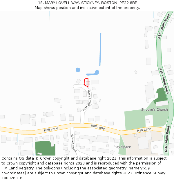 18, MARY LOVELL WAY, STICKNEY, BOSTON, PE22 8BF: Location map and indicative extent of plot