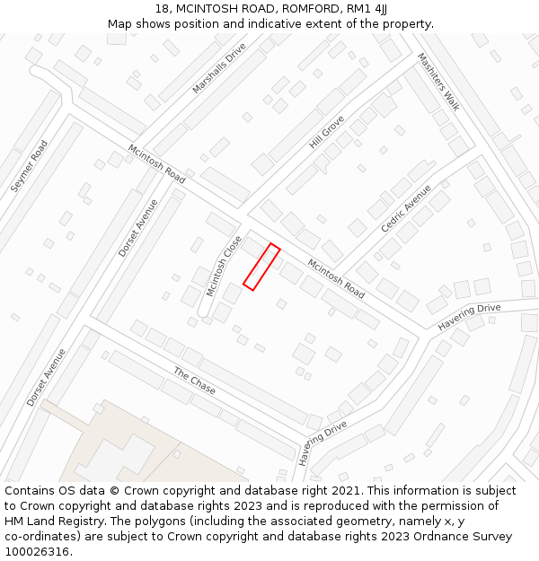 18, MCINTOSH ROAD, ROMFORD, RM1 4JJ: Location map and indicative extent of plot