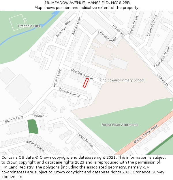 18, MEADOW AVENUE, MANSFIELD, NG18 2RB: Location map and indicative extent of plot