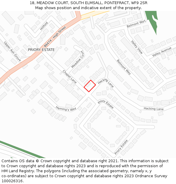 18, MEADOW COURT, SOUTH ELMSALL, PONTEFRACT, WF9 2SR: Location map and indicative extent of plot