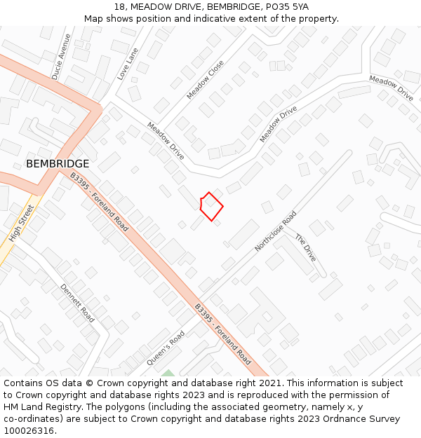 18, MEADOW DRIVE, BEMBRIDGE, PO35 5YA: Location map and indicative extent of plot