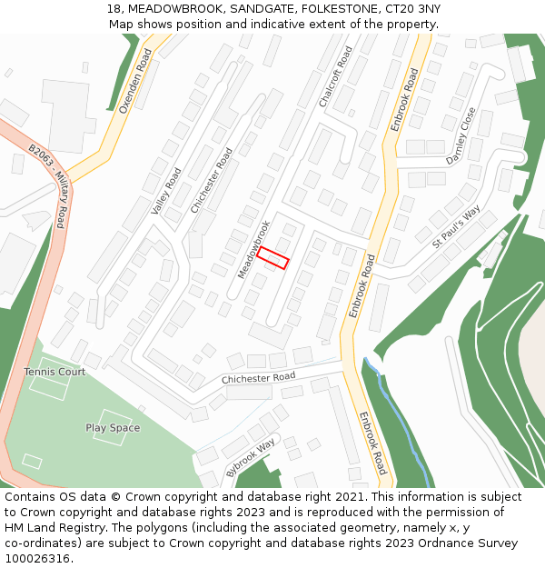 18, MEADOWBROOK, SANDGATE, FOLKESTONE, CT20 3NY: Location map and indicative extent of plot