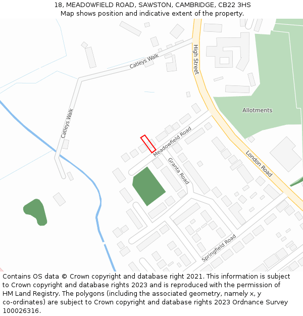 18, MEADOWFIELD ROAD, SAWSTON, CAMBRIDGE, CB22 3HS: Location map and indicative extent of plot