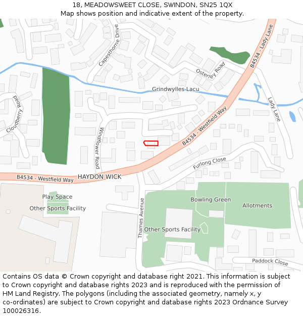18, MEADOWSWEET CLOSE, SWINDON, SN25 1QX: Location map and indicative extent of plot