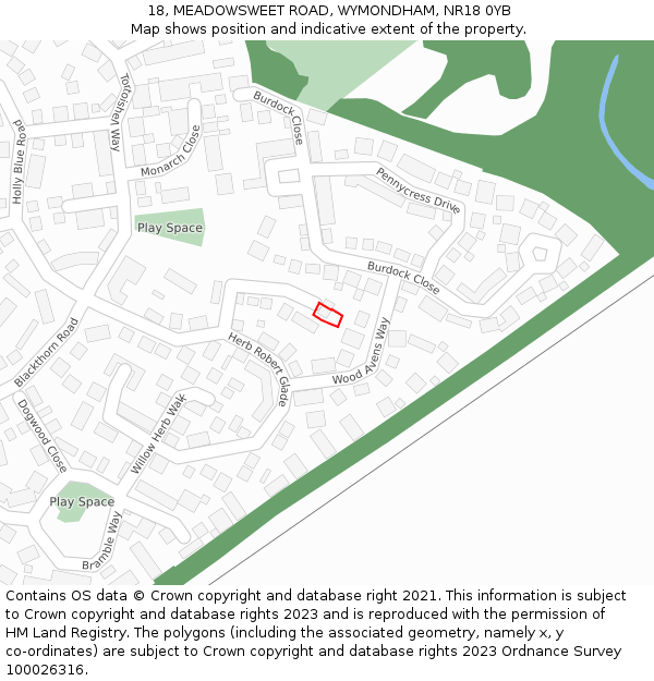 18, MEADOWSWEET ROAD, WYMONDHAM, NR18 0YB: Location map and indicative extent of plot