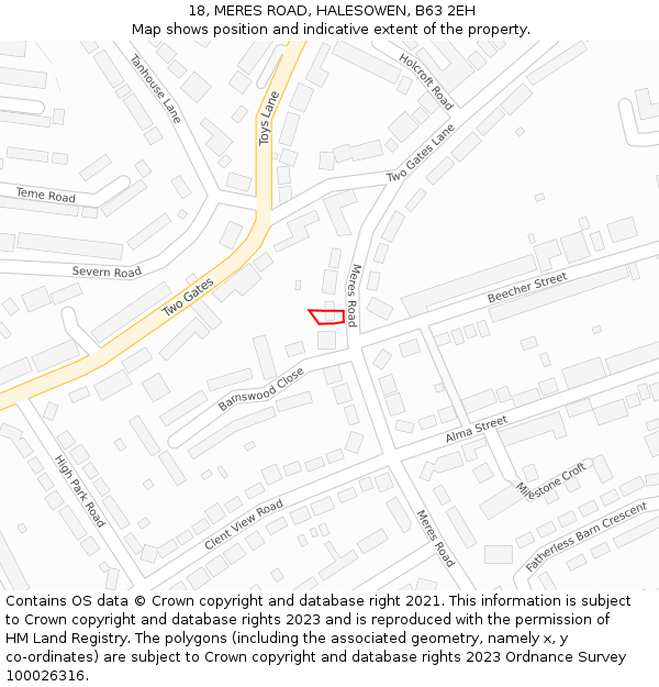 18, MERES ROAD, HALESOWEN, B63 2EH: Location map and indicative extent of plot