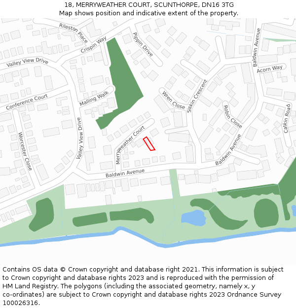 18, MERRYWEATHER COURT, SCUNTHORPE, DN16 3TG: Location map and indicative extent of plot