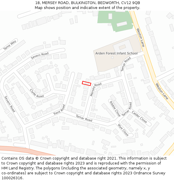 18, MERSEY ROAD, BULKINGTON, BEDWORTH, CV12 9QB: Location map and indicative extent of plot
