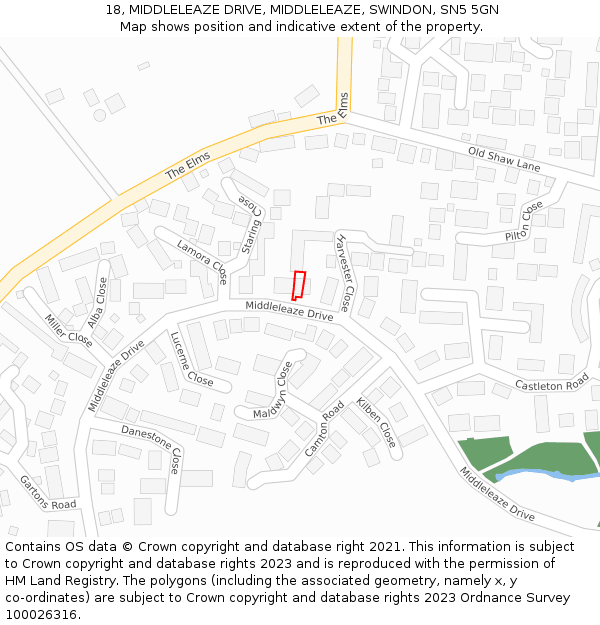 18, MIDDLELEAZE DRIVE, MIDDLELEAZE, SWINDON, SN5 5GN: Location map and indicative extent of plot