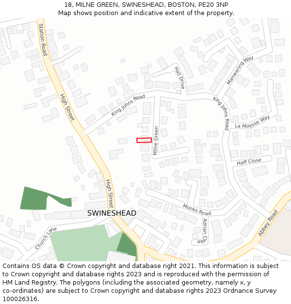 18, MILNE GREEN, SWINESHEAD, BOSTON, PE20 3NP: Location map and indicative extent of plot