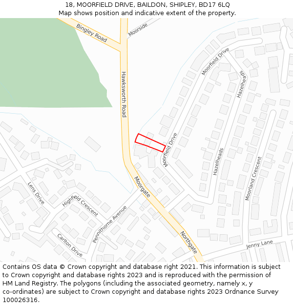 18, MOORFIELD DRIVE, BAILDON, SHIPLEY, BD17 6LQ: Location map and indicative extent of plot
