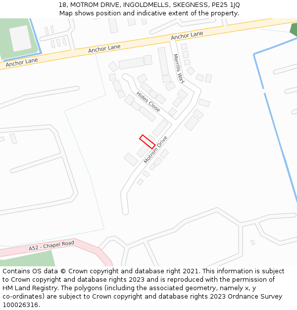 18, MOTROM DRIVE, INGOLDMELLS, SKEGNESS, PE25 1JQ: Location map and indicative extent of plot