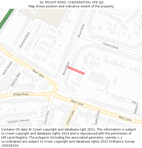 18, MOUNT ROAD, CHESSINGTON, KT9 1JG: Location map and indicative extent of plot