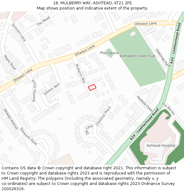 18, MULBERRY WAY, ASHTEAD, KT21 2FE: Location map and indicative extent of plot
