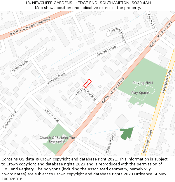18, NEWCLIFFE GARDENS, HEDGE END, SOUTHAMPTON, SO30 4AH: Location map and indicative extent of plot
