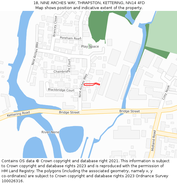 18, NINE ARCHES WAY, THRAPSTON, KETTERING, NN14 4FD: Location map and indicative extent of plot