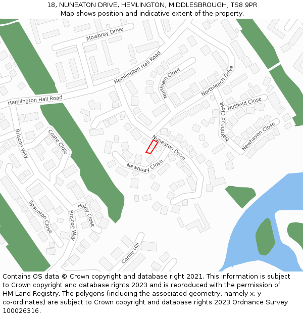 18, NUNEATON DRIVE, HEMLINGTON, MIDDLESBROUGH, TS8 9PR: Location map and indicative extent of plot