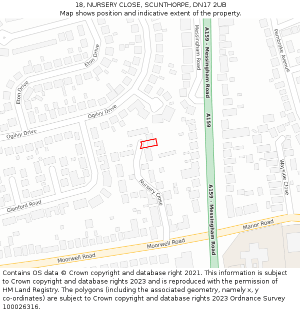18, NURSERY CLOSE, SCUNTHORPE, DN17 2UB: Location map and indicative extent of plot
