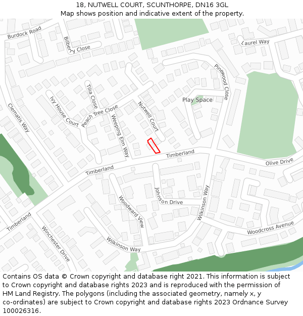 18, NUTWELL COURT, SCUNTHORPE, DN16 3GL: Location map and indicative extent of plot