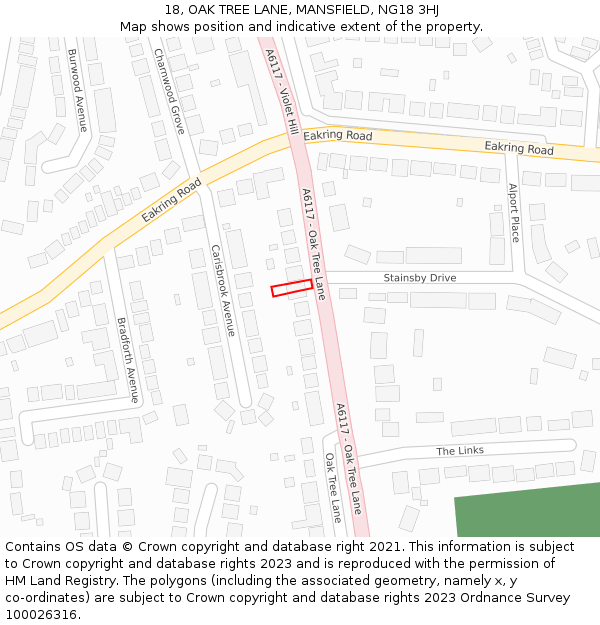 18, OAK TREE LANE, MANSFIELD, NG18 3HJ: Location map and indicative extent of plot