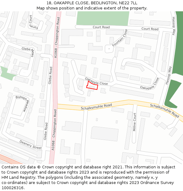18, OAKAPPLE CLOSE, BEDLINGTON, NE22 7LL: Location map and indicative extent of plot