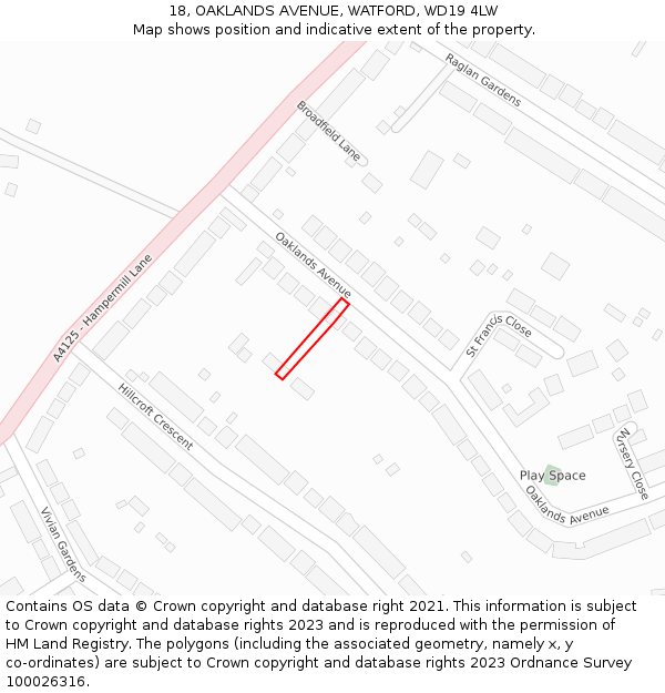 18, OAKLANDS AVENUE, WATFORD, WD19 4LW: Location map and indicative extent of plot