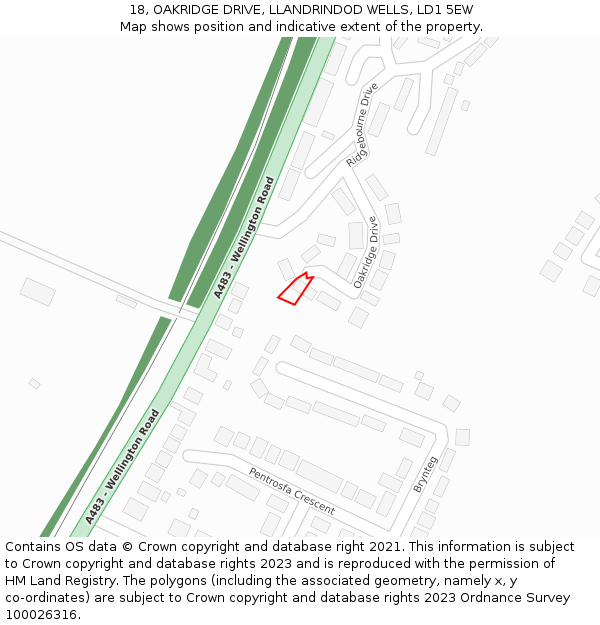 18, OAKRIDGE DRIVE, LLANDRINDOD WELLS, LD1 5EW: Location map and indicative extent of plot