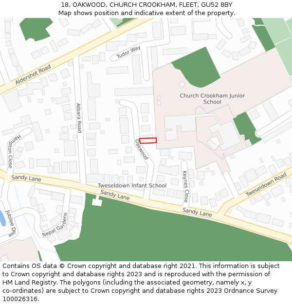 18, OAKWOOD, CHURCH CROOKHAM, FLEET, GU52 8BY: Location map and indicative extent of plot