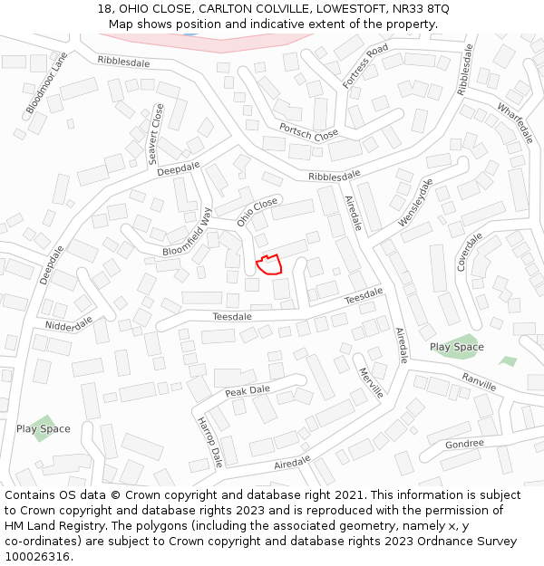 18, OHIO CLOSE, CARLTON COLVILLE, LOWESTOFT, NR33 8TQ: Location map and indicative extent of plot