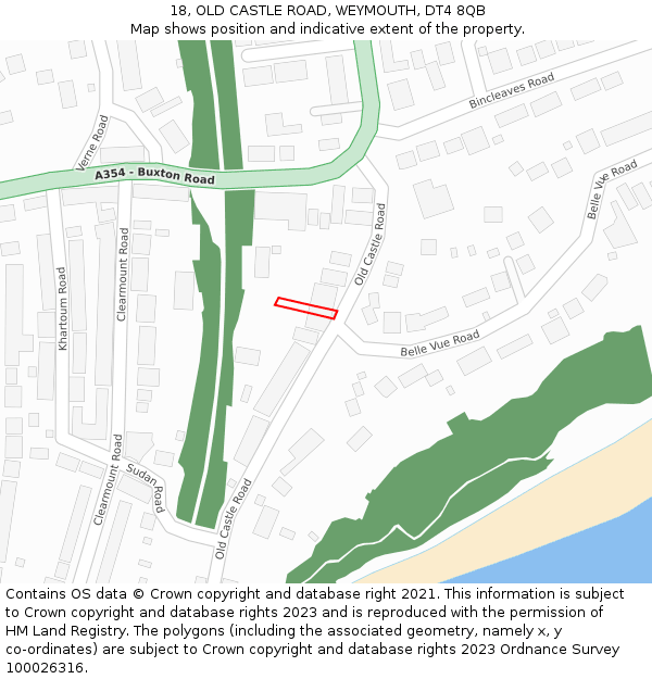 18, OLD CASTLE ROAD, WEYMOUTH, DT4 8QB: Location map and indicative extent of plot