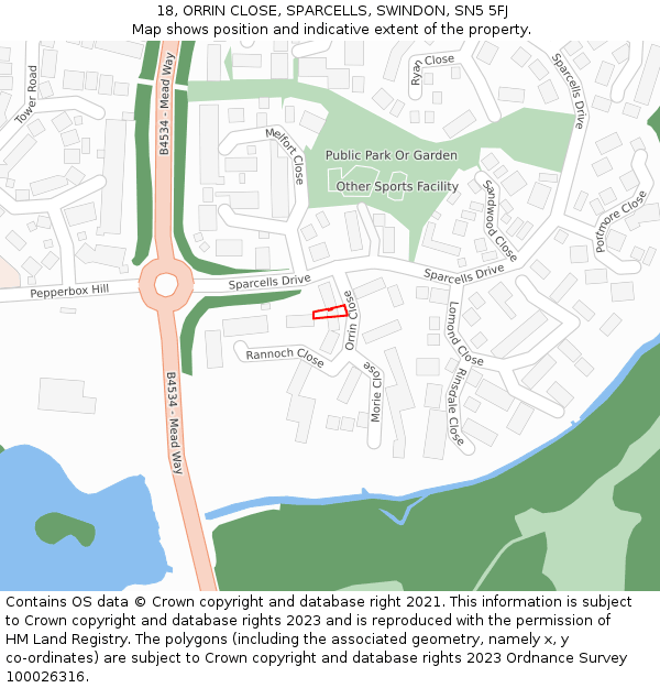 18, ORRIN CLOSE, SPARCELLS, SWINDON, SN5 5FJ: Location map and indicative extent of plot