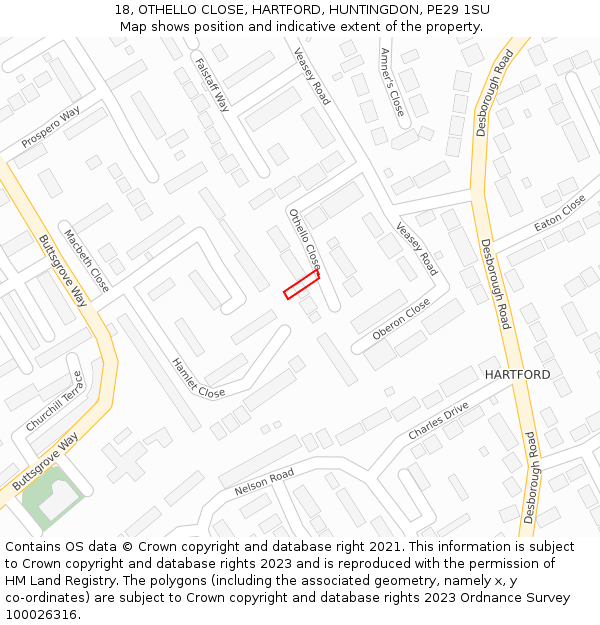 18, OTHELLO CLOSE, HARTFORD, HUNTINGDON, PE29 1SU: Location map and indicative extent of plot
