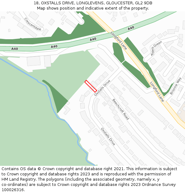 18, OXSTALLS DRIVE, LONGLEVENS, GLOUCESTER, GL2 9DB: Location map and indicative extent of plot