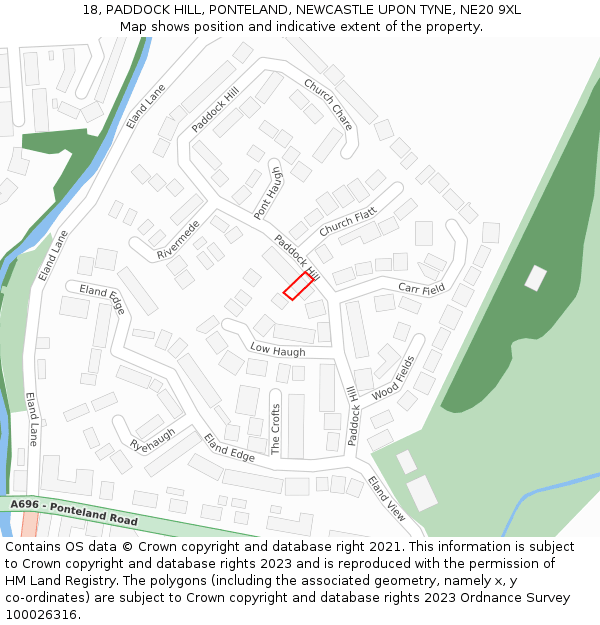 18, PADDOCK HILL, PONTELAND, NEWCASTLE UPON TYNE, NE20 9XL: Location map and indicative extent of plot