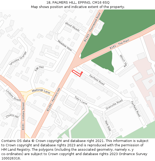 18, PALMERS HILL, EPPING, CM16 6SQ: Location map and indicative extent of plot
