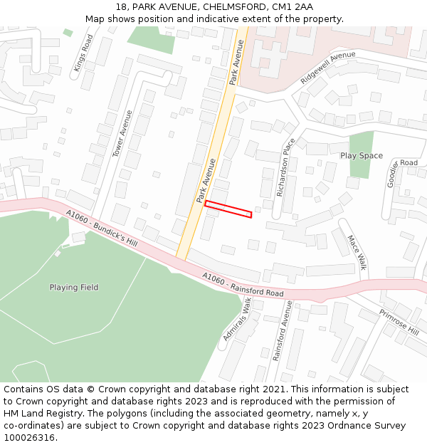 18, PARK AVENUE, CHELMSFORD, CM1 2AA: Location map and indicative extent of plot