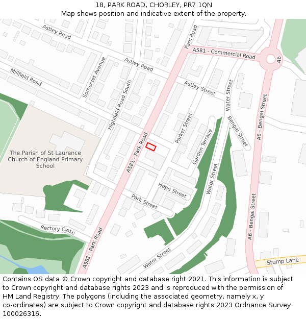 18, PARK ROAD, CHORLEY, PR7 1QN: Location map and indicative extent of plot