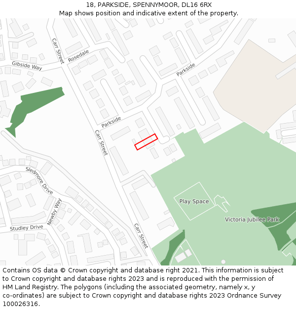 18, PARKSIDE, SPENNYMOOR, DL16 6RX: Location map and indicative extent of plot