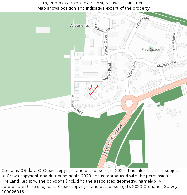 18, PEABODY ROAD, AYLSHAM, NORWICH, NR11 6FE: Location map and indicative extent of plot