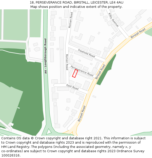 18, PERSEVERANCE ROAD, BIRSTALL, LEICESTER, LE4 4AU: Location map and indicative extent of plot