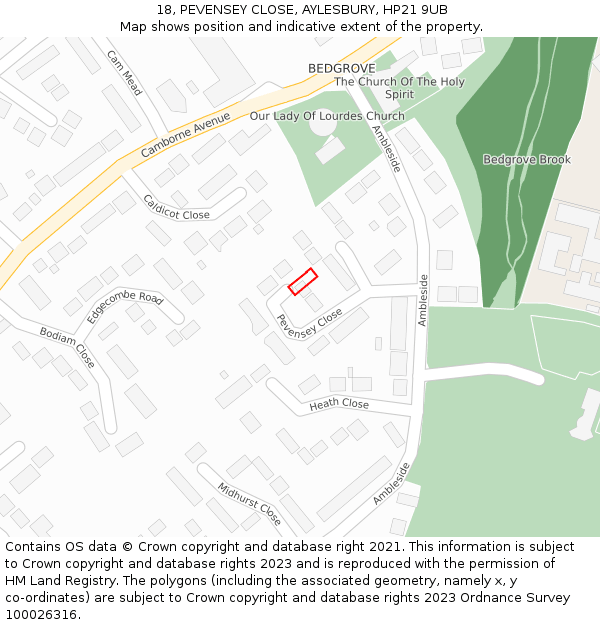 18, PEVENSEY CLOSE, AYLESBURY, HP21 9UB: Location map and indicative extent of plot