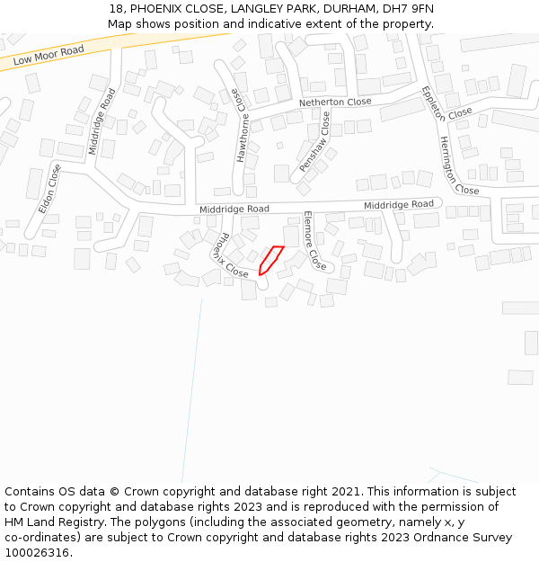 18, PHOENIX CLOSE, LANGLEY PARK, DURHAM, DH7 9FN: Location map and indicative extent of plot