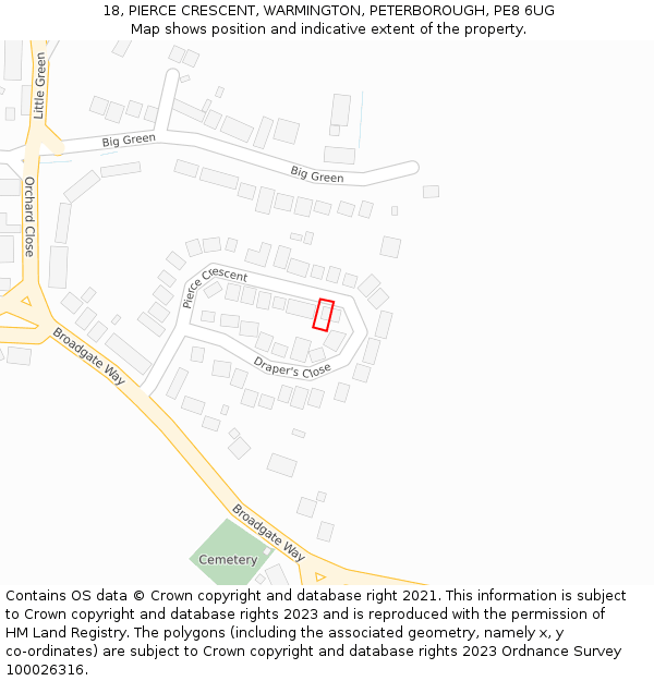 18, PIERCE CRESCENT, WARMINGTON, PETERBOROUGH, PE8 6UG: Location map and indicative extent of plot