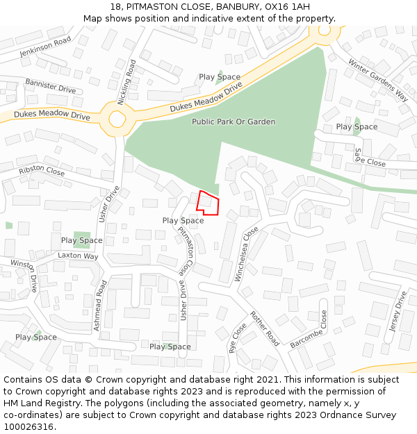 18, PITMASTON CLOSE, BANBURY, OX16 1AH: Location map and indicative extent of plot