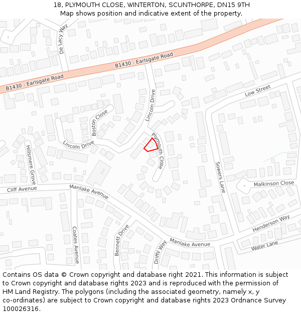 18, PLYMOUTH CLOSE, WINTERTON, SCUNTHORPE, DN15 9TH: Location map and indicative extent of plot