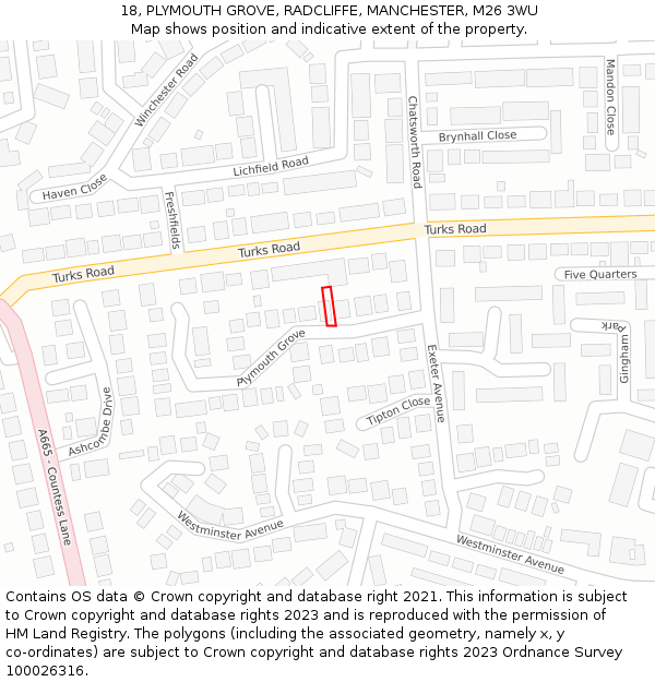 18, PLYMOUTH GROVE, RADCLIFFE, MANCHESTER, M26 3WU: Location map and indicative extent of plot