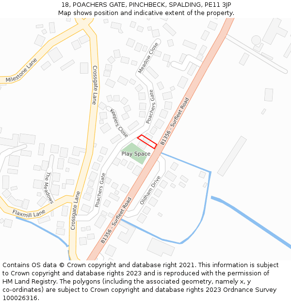 18, POACHERS GATE, PINCHBECK, SPALDING, PE11 3JP: Location map and indicative extent of plot