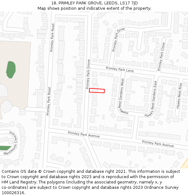 18, PRIMLEY PARK GROVE, LEEDS, LS17 7JD: Location map and indicative extent of plot