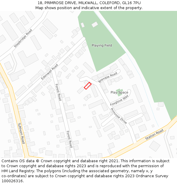 18, PRIMROSE DRIVE, MILKWALL, COLEFORD, GL16 7PU: Location map and indicative extent of plot